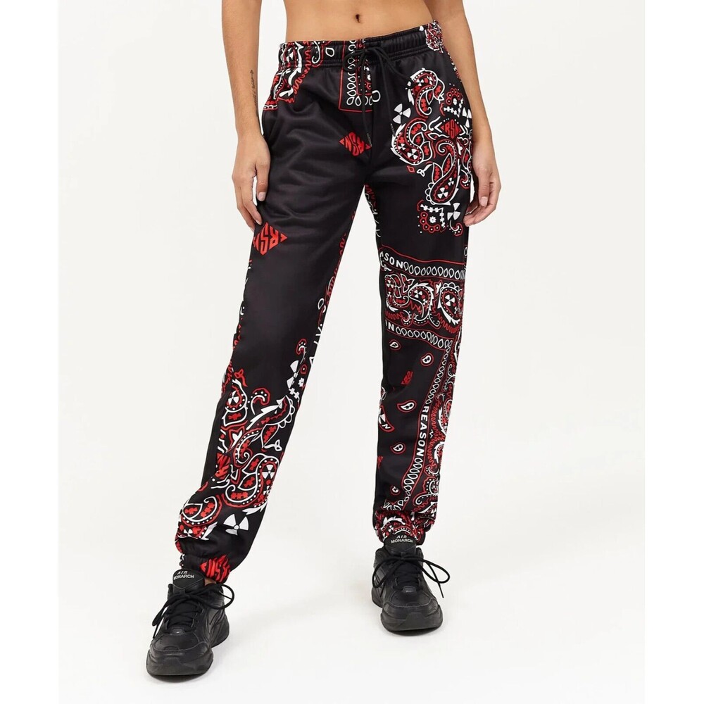 Reason Joggers Women’s Large Black Red White Bandana Paisley Print Sweatpants - Picture 7 of 9